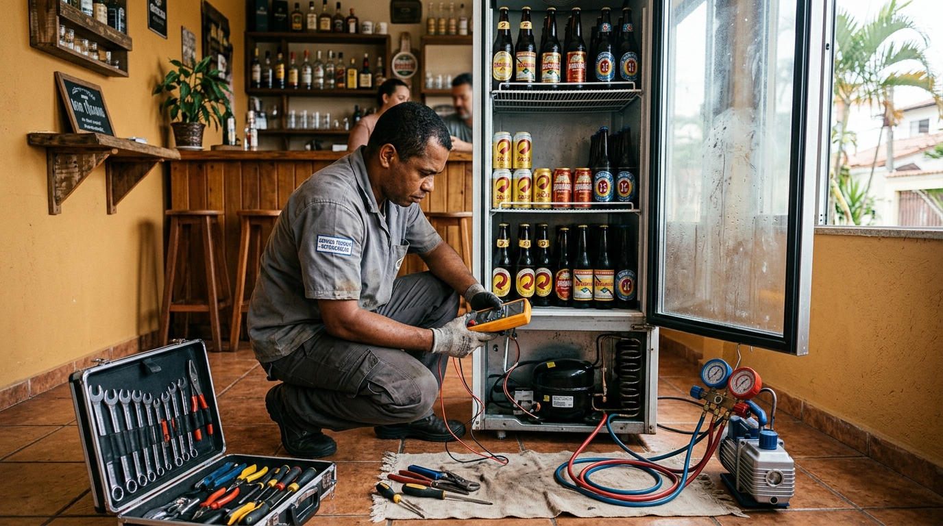 Troca de termostato de cervejeira em atendimento técnico em Americana‑SP
