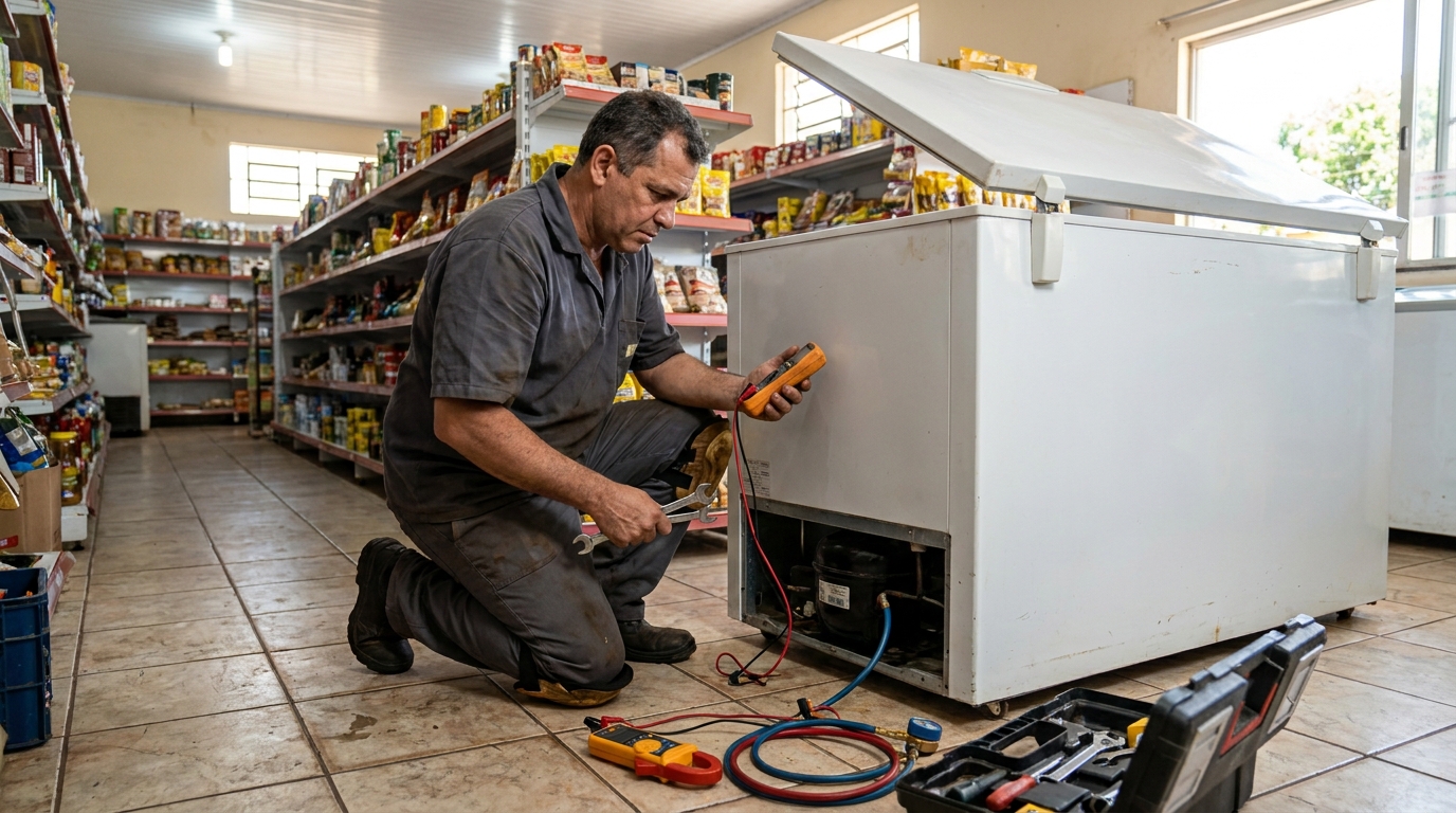 Troca de termostato de freezer em atendimento técnico em Americana‑SP